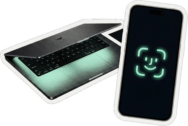 A Mac waking up next to a phone showing Face ID
