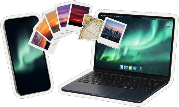 Photos flying from a phone into a Mac