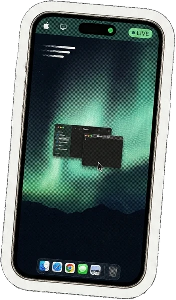 A phone showing the Mac desktop live, with a cursor