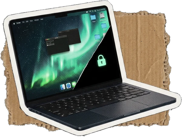 A Mac whose screen is half desktop, half black with a padlock
