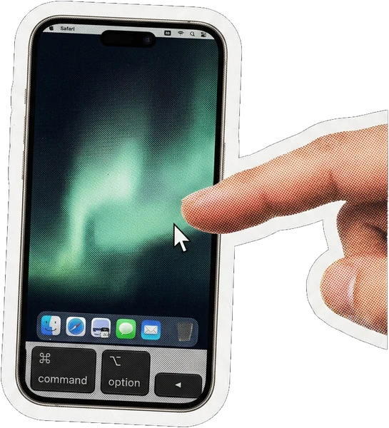 A thumb on the phone screen with command and option keys below