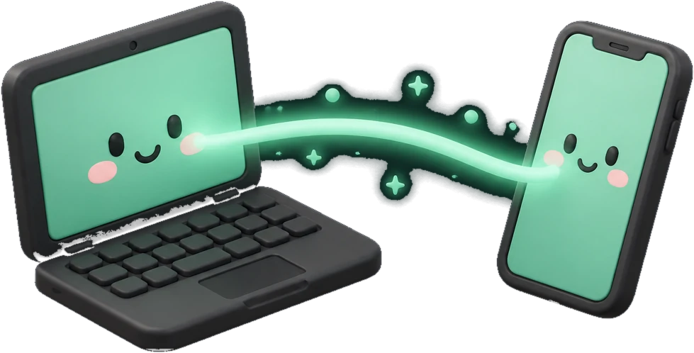 En laptop og en telefon bundet sammen av en lysende grønn bue
